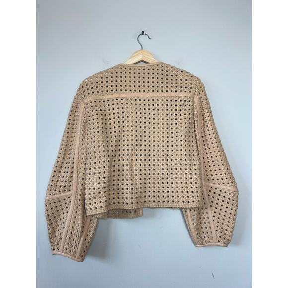 NEW Veronica Beard Fio Woven Leather Puff Sleeve Eyelet Jacket Brown Size: M - Picture 5 of 8